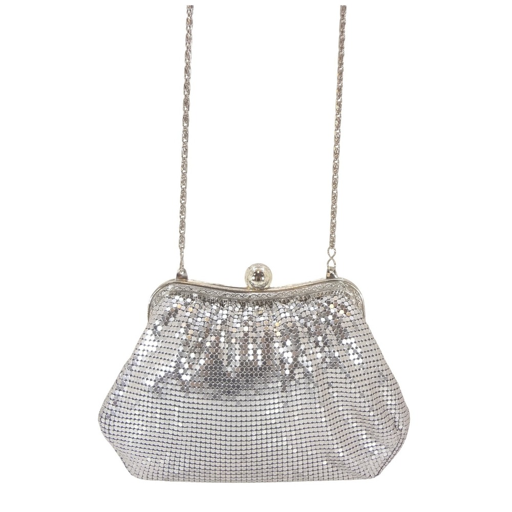 Vintage Metal Mesh Evening Bag Silver Excellent Kiss Lock Chain Strap